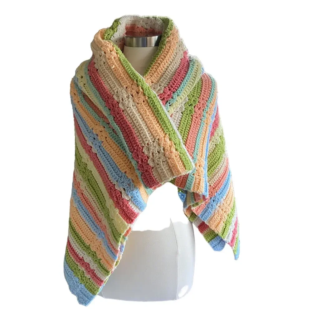 Striped Hand Crocheted Knit Afghan Throw Cottage Core Twee Pretty Blanket Wrap